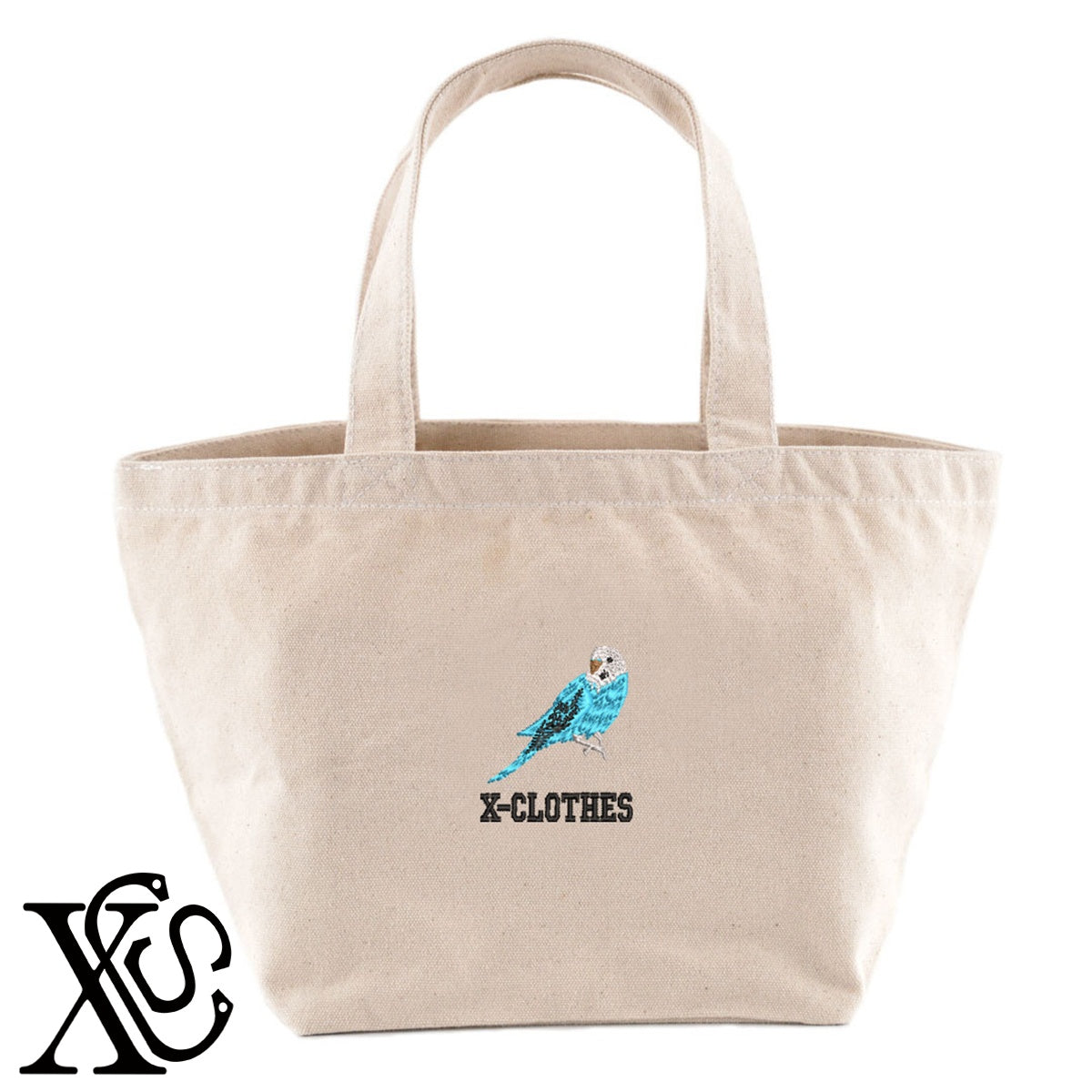 セキセイインコ2柄 刺繍 キャンバス生地 ランチ ミニ トートバッグ レディース メンズ【X-CLOTHES】オリジナル グッズ 刺繍 ワンポイント 雑貨【b Black Camel】【g Natural Gray】 【6動物鳥魚-文鳥インコ】