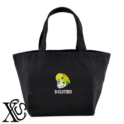 セキセイインコ4柄 刺繍 キャンバス生地 ランチ ミニ トートバッグ レディース メンズ【X-CLOTHES】オリジナル グッズ 刺繍 ワンポイント 雑貨【b Black Camel】【g Natural Gray】 【6動物鳥魚-文鳥インコ】