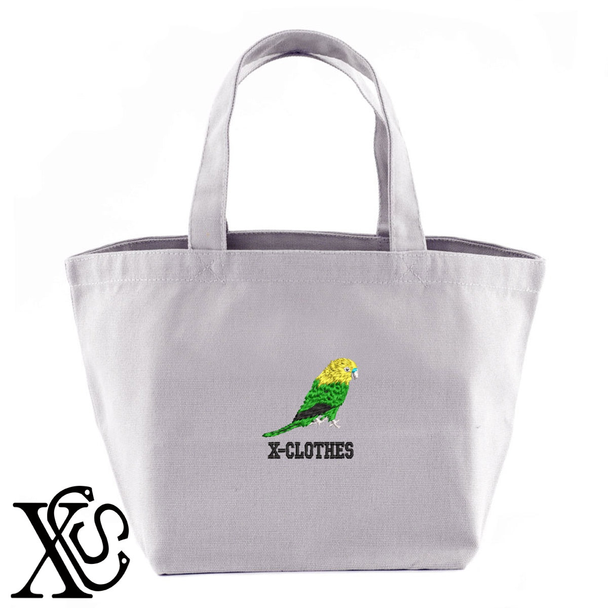 セキセイインコ6柄 刺繍 キャンバス生地 ランチ ミニ トートバッグ レディース メンズ【X-CLOTHES】オリジナル グッズ 刺繍 ワンポイント 雑貨【b Black Camel】【g Natural Gray】 【6動物鳥魚-文鳥インコ】