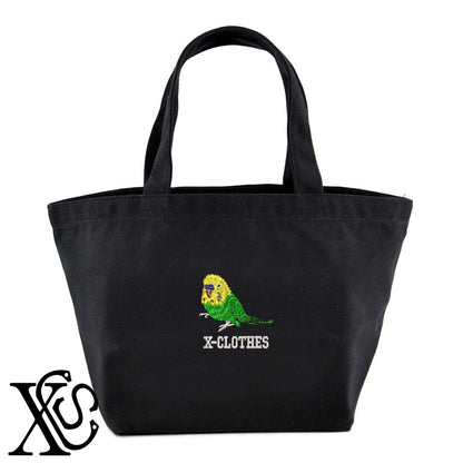 セキセイインコ7柄 刺繍 キャンバス生地 ランチ ミニ トートバッグ レディース メンズ【X-CLOTHES】オリジナル グッズ 刺繍 ワンポイント 雑貨【b Black Camel】【g Natural Gray】 【6動物鳥魚-文鳥インコ】