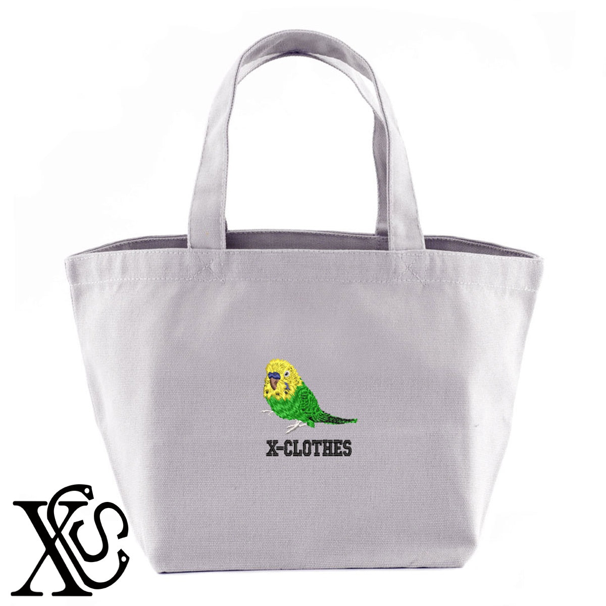 セキセイインコ7柄 刺繍 キャンバス生地 ランチ ミニ トートバッグ レディース メンズ【X-CLOTHES】オリジナル グッズ 刺繍 ワンポイント 雑貨【b Black Camel】【g Natural Gray】 【6動物鳥魚-文鳥インコ】