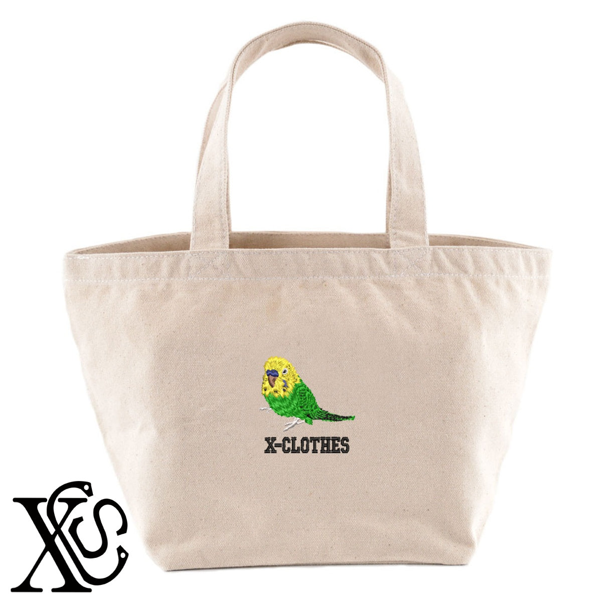 セキセイインコ7柄 刺繍 キャンバス生地 ランチ ミニ トートバッグ レディース メンズ【X-CLOTHES】オリジナル グッズ 刺繍 ワンポイント 雑貨【b Black Camel】【g Natural Gray】 【6動物鳥魚-文鳥インコ】