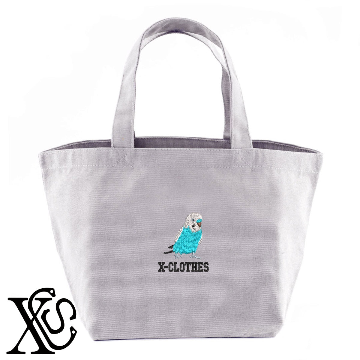 セキセイインコ8柄 刺繍 キャンバス生地 ランチ ミニ トートバッグ レディース メンズ【X-CLOTHES】オリジナル グッズ 刺繍 ワンポイント 雑貨【b Black Camel】【g Natural Gray】 【6動物鳥魚-文鳥インコ】