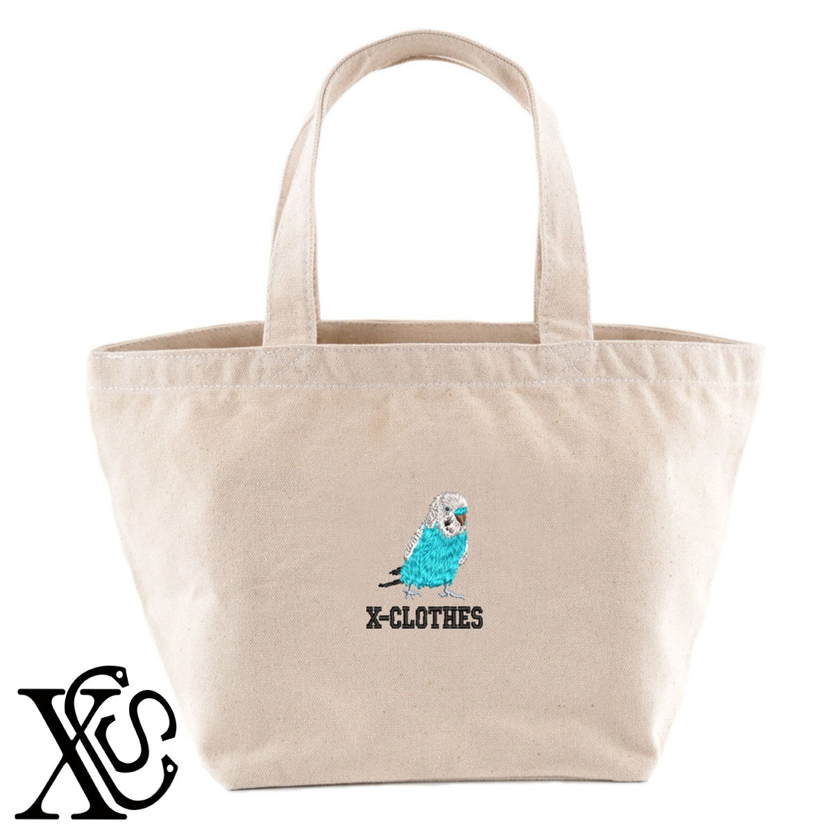 セキセイインコ8柄 刺繍 キャンバス生地 ランチ ミニ トートバッグ レディース メンズ【X-CLOTHES】オリジナル グッズ 刺繍 ワンポイント 雑貨【b Black Camel】【g Natural Gray】 【6動物鳥魚-文鳥インコ】