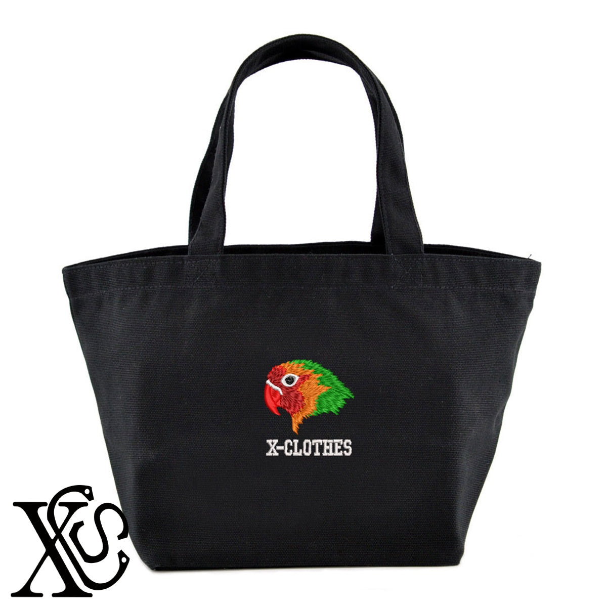 ボタンインコ2柄 刺繍 キャンバス生地 ランチ ミニ トートバッグ レディース メンズ【X-CLOTHES】オリジナル グッズ 刺繍 ワンポイント 雑貨【b Black Camel】【g Natural Gray】 【6動物鳥魚-文鳥インコ】