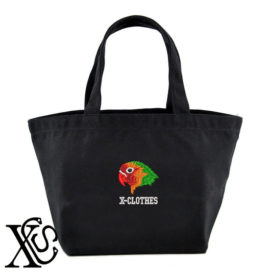 ボタンインコ2柄 刺繍 キャンバス生地 ランチ ミニ トートバッグ レディース メンズ【X-CLOTHES】オリジナル グッズ 刺繍 ワンポイント 雑貨【b Black Camel】【g Natural Gray】 【6動物鳥魚-文鳥インコ】