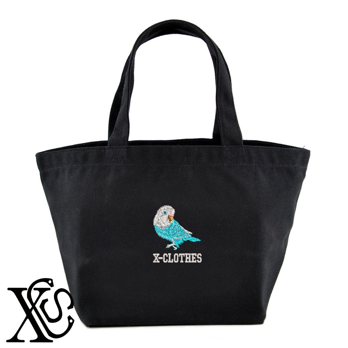 ボタンインコ3柄 刺繍 キャンバス生地 ランチ ミニ トートバッグ レディース メンズ【X-CLOTHES】オリジナル グッズ 刺繍 ワンポイント 雑貨【b Black Camel】【g Natural Gray】 【6動物鳥魚-文鳥インコ】