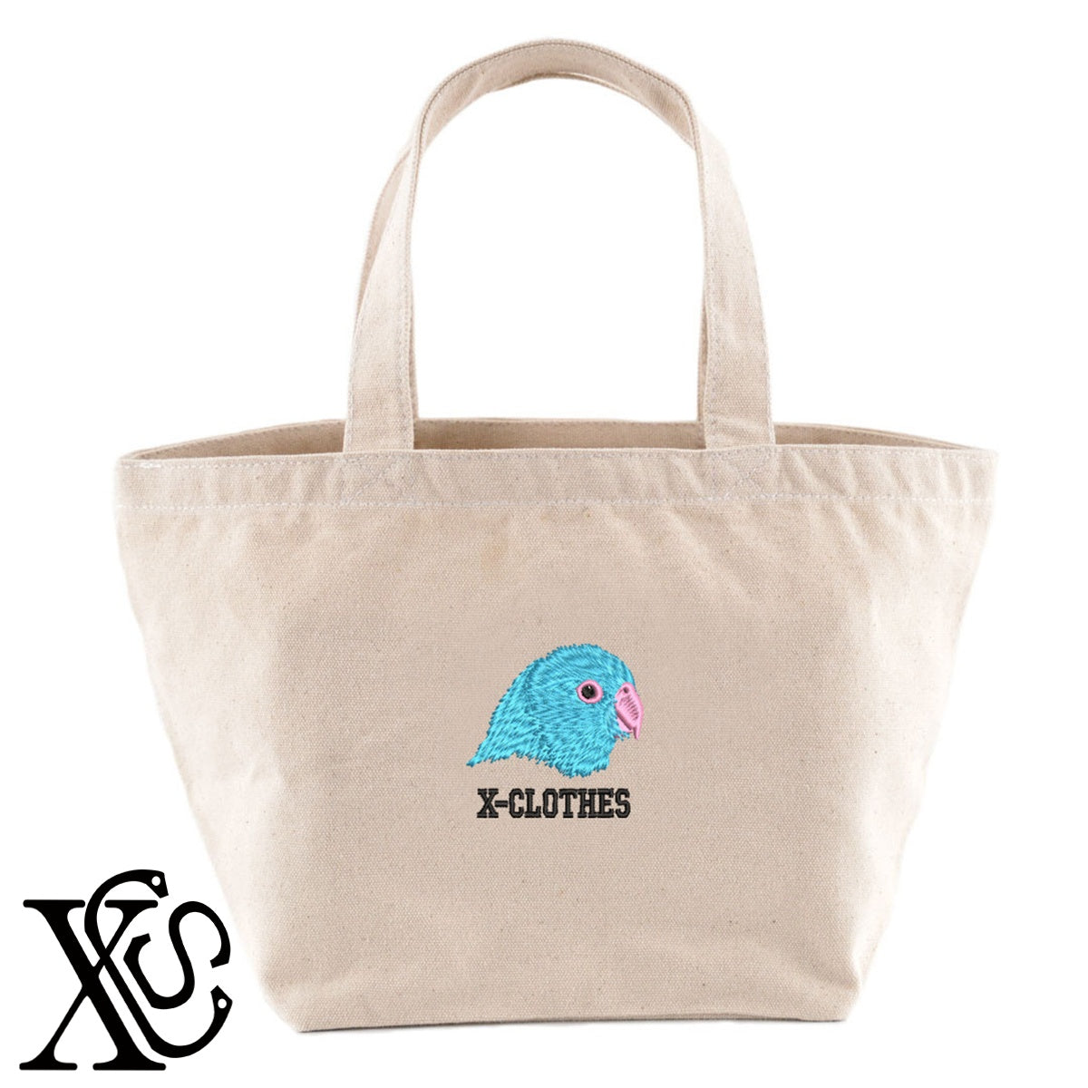 マメルリハ3柄 刺繍 キャンバス生地 ランチ ミニ トートバッグ レディース メンズ【X-CLOTHES】オリジナル グッズ 刺繍 ワンポイント 雑貨【b Black Camel】【g Natural Gray】 【6動物鳥魚-文鳥インコ】