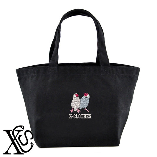 文鳥12柄 刺繍 キャンバス生地 ランチ ミニ トートバッグ レディース メンズ【X-CLOTHES】オリジナル グッズ 刺繍 ワンポイント 雑貨【b Black Camel】【g Natural Gray】 【6動物鳥魚-文鳥インコ】
