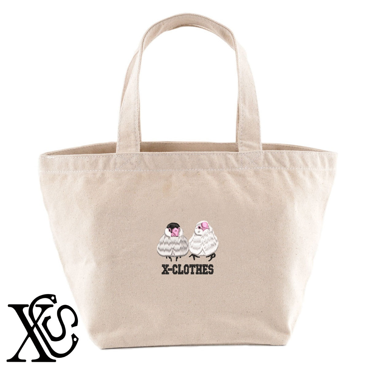 文鳥3柄 刺繍 キャンバス生地 ランチ ミニ トートバッグ レディース メンズ【X-CLOTHES】オリジナル グッズ 刺繍 ワンポイント 雑貨【b Black Camel】【g Natural Gray】 【6動物鳥魚-文鳥インコ】