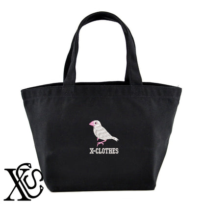 文鳥6柄 刺繍 キャンバス生地 ランチ ミニ トートバッグ レディース メンズ【X-CLOTHES】オリジナル グッズ 刺繍 ワンポイント 雑貨【b Black Camel】【g Natural Gray】 【6動物鳥魚-文鳥インコ】