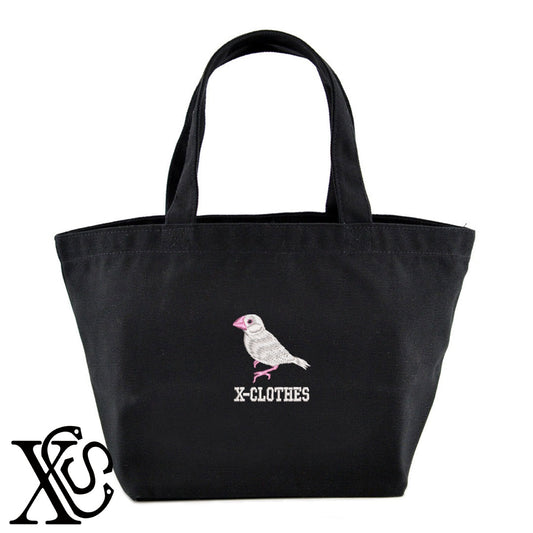 文鳥6柄 刺繍 キャンバス生地 ランチ ミニ トートバッグ レディース メンズ【X-CLOTHES】オリジナル グッズ 刺繍 ワンポイント 雑貨【b Black Camel】【g Natural Gray】 【6動物鳥魚-文鳥インコ】