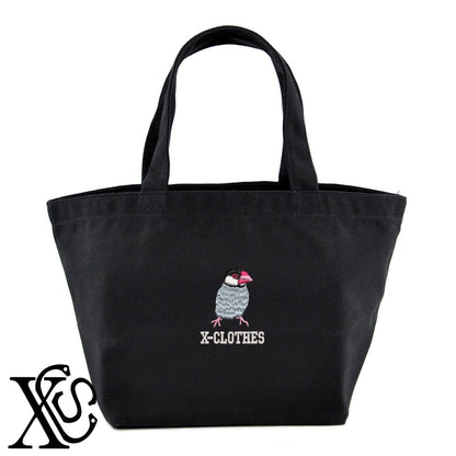 文鳥8柄 刺繍 キャンバス生地 ランチ ミニ トートバッグ レディース メンズ【X-CLOTHES】オリジナル グッズ 刺繍 ワンポイント 雑貨【b Black Camel】【g Natural Gray】 【6動物鳥魚-文鳥インコ】
