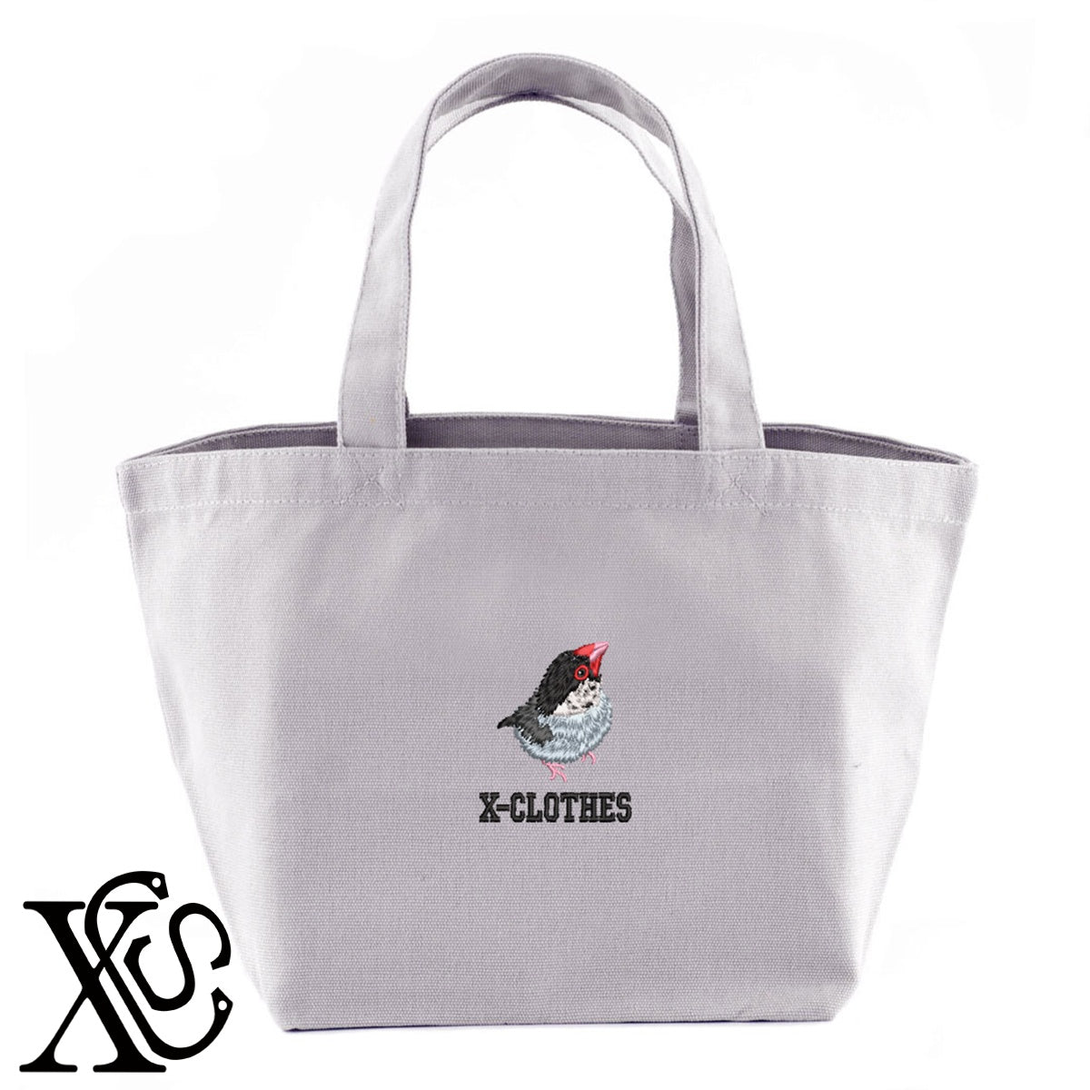 桜文鳥3柄 刺繍 キャンバス生地 ランチ ミニ トートバッグ レディース メンズ【X-CLOTHES】オリジナル グッズ 刺繍 ワンポイント 雑貨【b Black Camel】【g Natural Gray】 【6動物鳥魚-文鳥インコ】