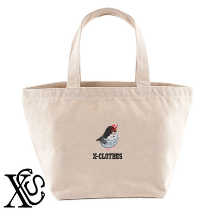 桜文鳥3柄 刺繍 キャンバス生地 ランチ ミニ トートバッグ レディース メンズ【X-CLOTHES】オリジナル グッズ 刺繍 ワンポイント 雑貨【b Black Camel】【g Natural Gray】 【6動物鳥魚-文鳥インコ】