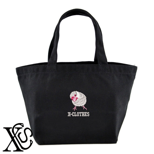 白文鳥3柄 刺繍 キャンバス生地 ランチ ミニ トートバッグ レディース メンズ【X-CLOTHES】オリジナル グッズ 刺繍 ワンポイント 雑貨【b Black Camel】【g Natural Gray】 【6動物鳥魚-文鳥インコ】
