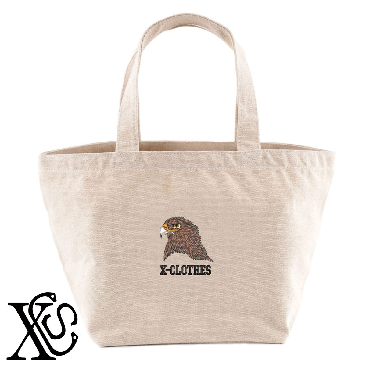 鷹9柄 刺繍 キャンバス生地 ランチ ミニ トートバッグ レディース メンズ【X-CLOTHES】オリジナル グッズ 刺繍 ワンポイント 雑貨【b Black Camel】【g Natural Gray】 【6動物鳥魚-猛鳥】