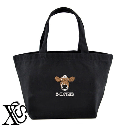 牛5柄 刺繍 キャンバス生地 ランチ ミニ トートバッグ レディース メンズ【X-CLOTHES】オリジナル グッズ 刺繍 ワンポイント 雑貨【b Black Camel】【g Natural Gray】 【6動物鳥魚-草食動物】