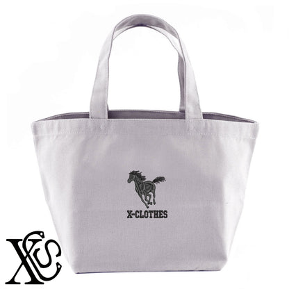 馬24柄 刺繍 キャンバス生地 ランチ ミニ トートバッグ レディース メンズ【X-CLOTHES】オリジナル グッズ 刺繍 ワンポイント 雑貨【b Black Camel】【g Natural Gray】 【6動物鳥魚-草食動物】