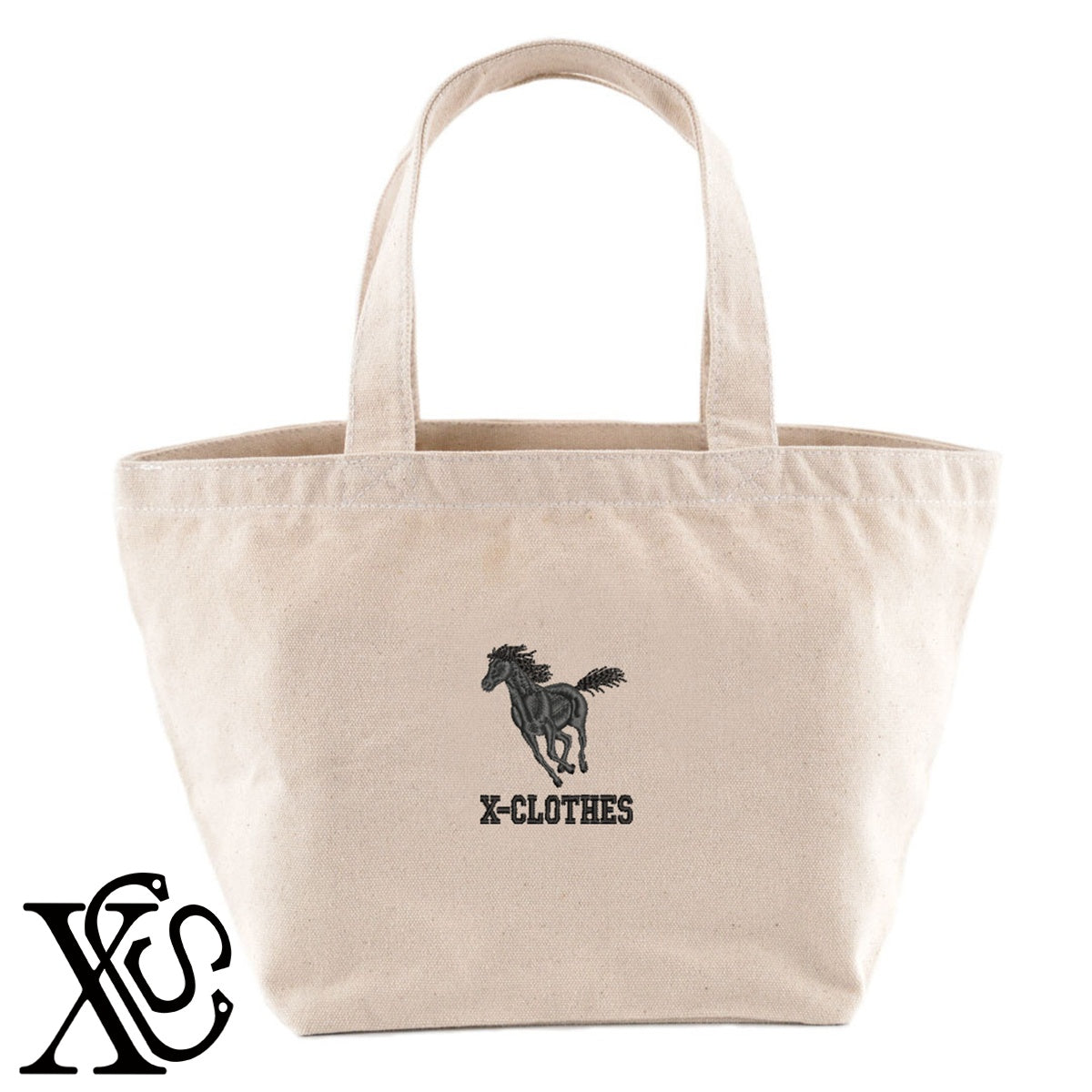 馬24柄 刺繍 キャンバス生地 ランチ ミニ トートバッグ レディース メンズ【X-CLOTHES】オリジナル グッズ 刺繍 ワンポイント 雑貨【b Black Camel】【g Natural Gray】 【6動物鳥魚-草食動物】