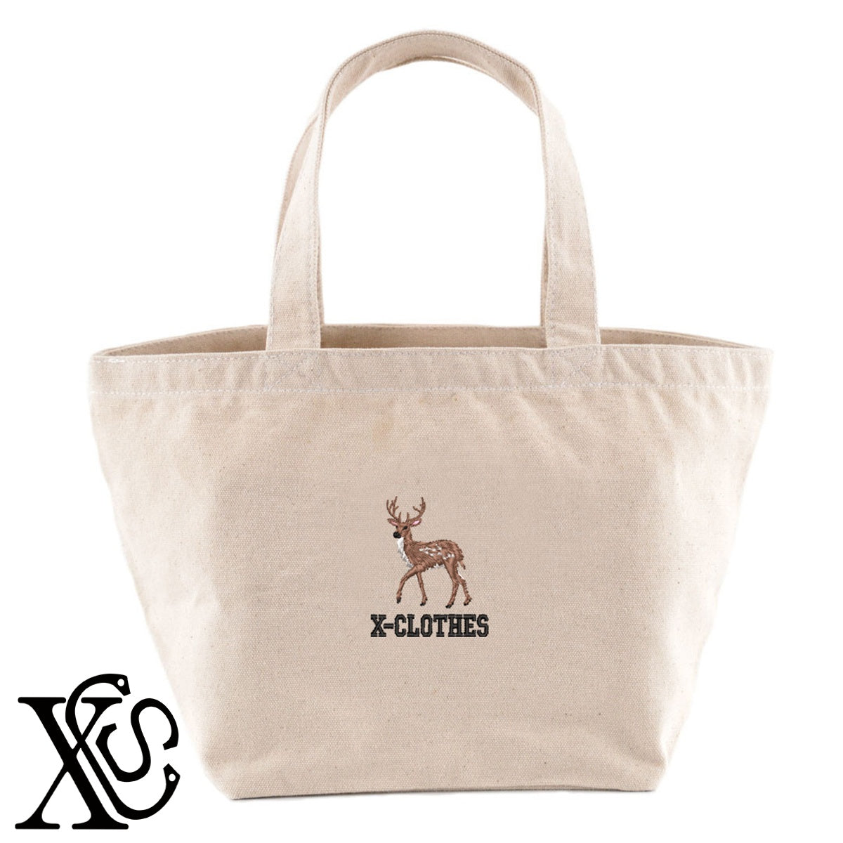 鹿6柄 刺繍 キャンバス生地 ランチ ミニ トートバッグ レディース メンズ【X-CLOTHES】オリジナル グッズ 刺繍 ワンポイント 雑貨【b Black Camel】【g Natural Gray】 【6動物鳥魚-草食動物】