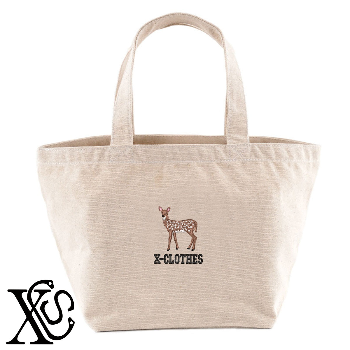 鹿7柄 刺繍 キャンバス生地 ランチ ミニ トートバッグ レディース メンズ【X-CLOTHES】オリジナル グッズ 刺繍 ワンポイント 雑貨【b Black Camel】【g Natural Gray】 【6動物鳥魚-草食動物】