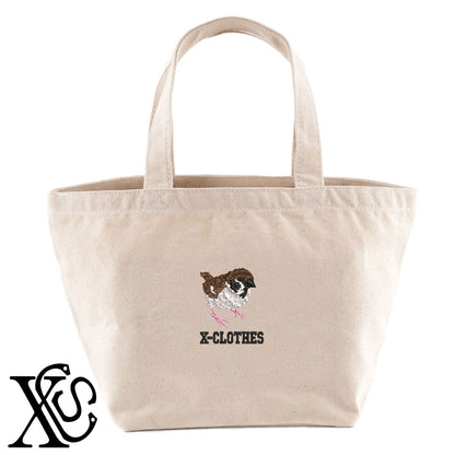 雀2柄 刺繍 キャンバス生地 ランチ ミニ トートバッグ レディース メンズ【X-CLOTHES】オリジナル グッズ 刺繍 ワンポイント 雑貨【b Black Camel】【g Natural Gray】 【6動物鳥魚-野鳥】