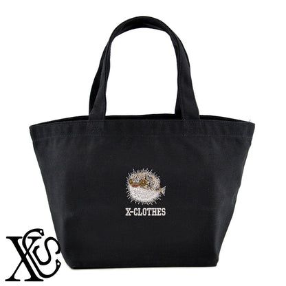 ハリセンボン3柄 刺繍 キャンバス生地 ランチ ミニ トートバッグ レディース メンズ【X-CLOTHES】オリジナル グッズ 刺繍 ワンポイント 雑貨【b Black Camel】【g Natural Gray】 【6動物鳥魚-釣り魚】