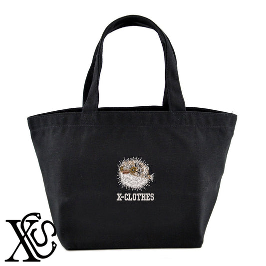 ハリセンボン3柄 刺繍 キャンバス生地 ランチ ミニ トートバッグ レディース メンズ【X-CLOTHES】オリジナル グッズ 刺繍 ワンポイント 雑貨【b Black Camel】【g Natural Gray】 【6動物鳥魚-釣り魚】