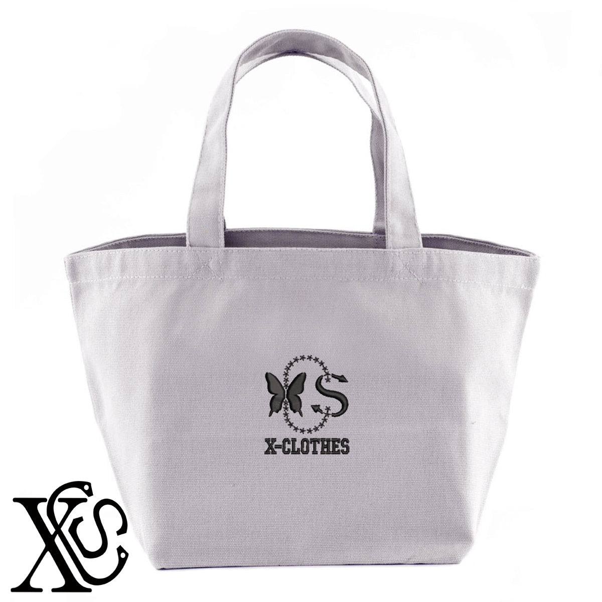 X-CLOTHES-6柄 刺繍 キャンバス生地 ランチ ミニ トートバッグ レディース メンズ【X-CLOTHES】オリジナル グッズ 刺繍 ワンポイント 雑貨【b Black Camel】【g Natural Gray】 【7家紋お祝-ロゴ】