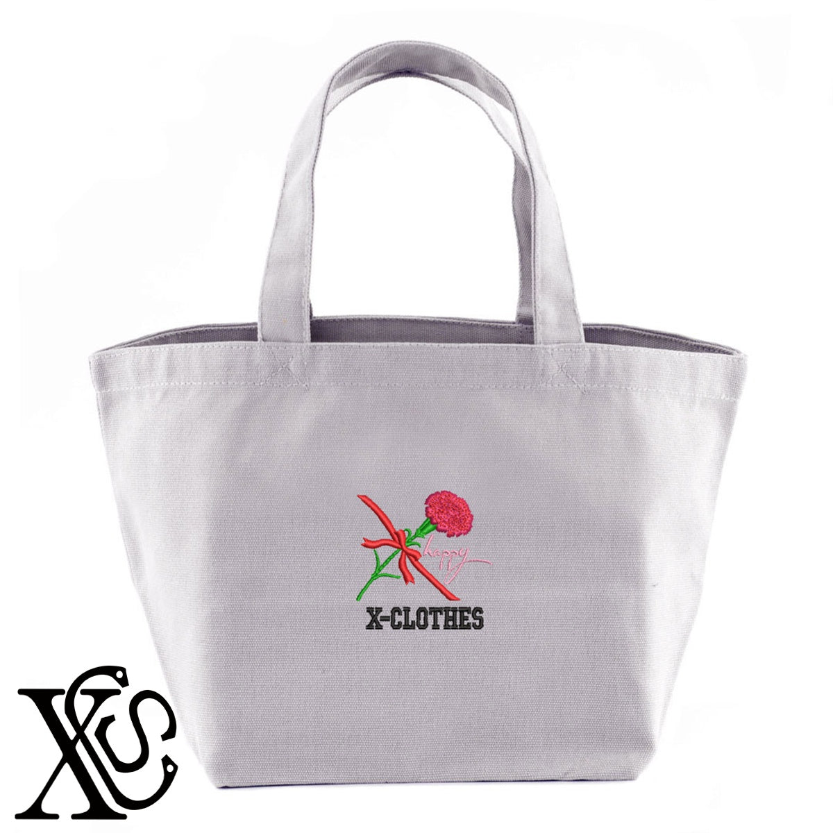 カーネーション4柄 刺繍 キャンバス生地 ランチ ミニ トートバッグ レディース メンズ【X-CLOTHES】オリジナル グッズ 刺繍 ワンポイント 雑貨【b Black Camel】【g Natural Gray】 【7家紋お祝-ロゴ】