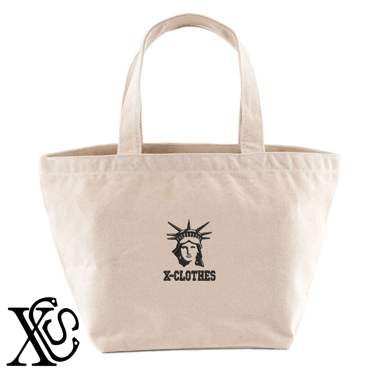 自由の女神2柄 刺繍 キャンバス生地 ランチ ミニ トートバッグ レディース メンズ【X-CLOTHES】オリジナル グッズ 刺繍 ワンポイント 雑貨【b Black Camel】【g Natural Gray】 【7家紋お祝-ロゴ】