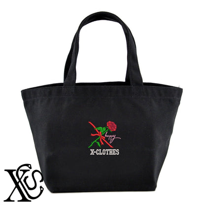 薔薇7柄 刺繍 キャンバス生地 ランチ ミニ トートバッグ レディース メンズ【X-CLOTHES】オリジナル グッズ 刺繍 ワンポイント 雑貨【b Black Camel】【g Natural Gray】 【7家紋お祝-ロゴ】