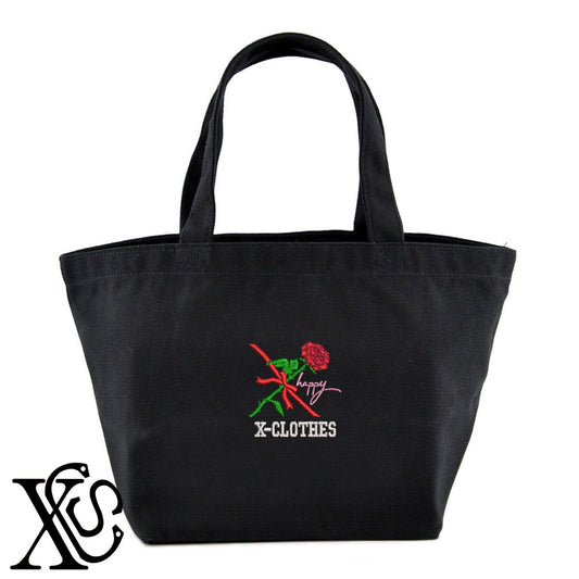 薔薇7柄 刺繍 キャンバス生地 ランチ ミニ トートバッグ レディース メンズ【X-CLOTHES】オリジナル グッズ 刺繍 ワンポイント 雑貨【b Black Camel】【g Natural Gray】 【7家紋お祝-ロゴ】