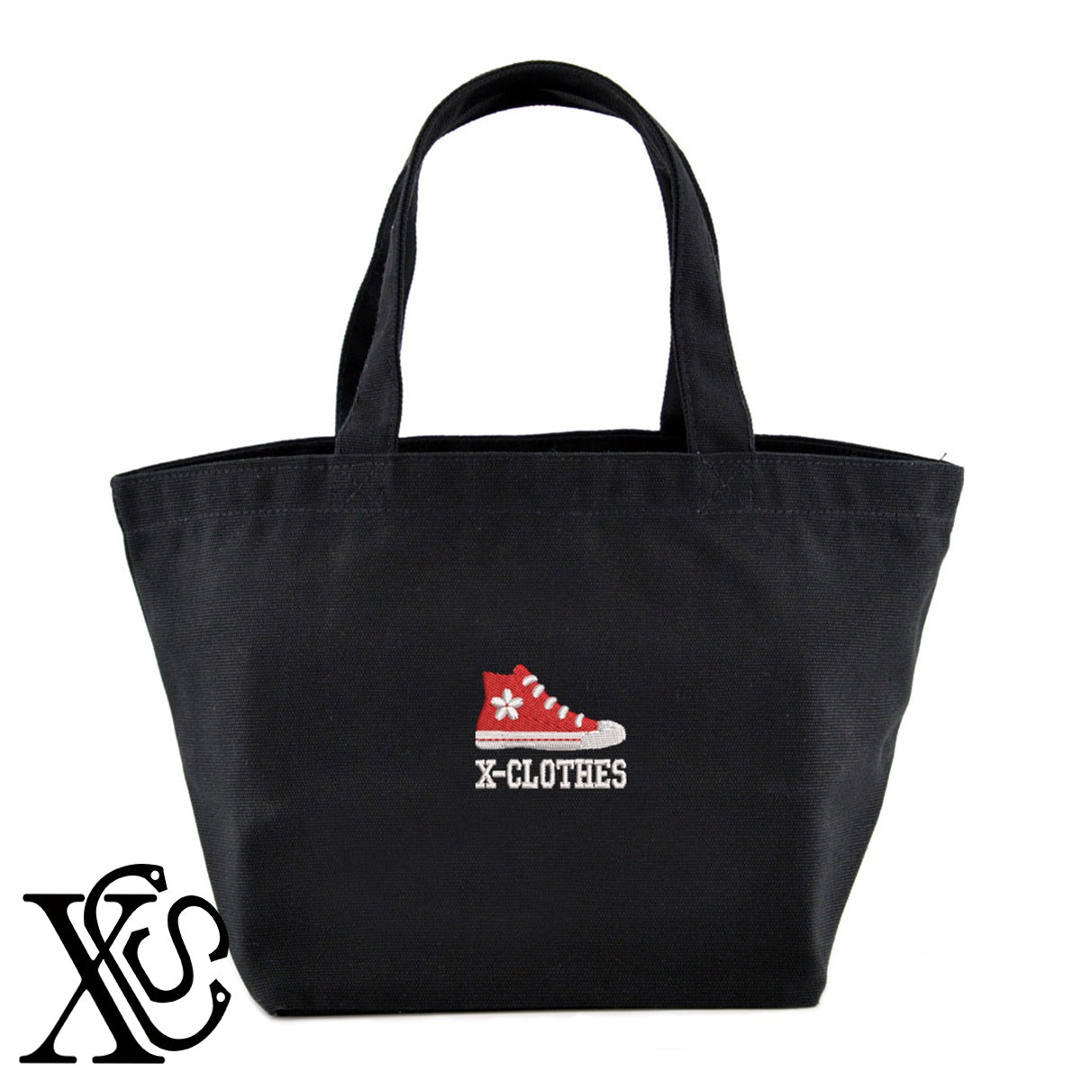 靴2柄 刺繍 キャンバス生地 ランチ ミニ トートバッグ レディース メンズ【X-CLOTHES】オリジナル グッズ 刺繍 ワンポイント 雑貨【b Black Camel】【g Natural Gray】 【7家紋お祝-ロゴ】