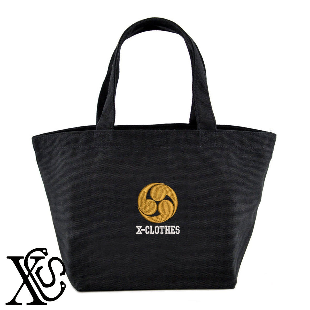 4右三つ巴柄 刺繍 キャンバス生地 ランチ ミニ トートバッグ レディース メンズ【X-CLOTHES】オリジナル グッズ 刺繍 ワンポイント 雑貨【b Black Camel】【g Natural Gray】 【7家紋お祝-家紋1-40】