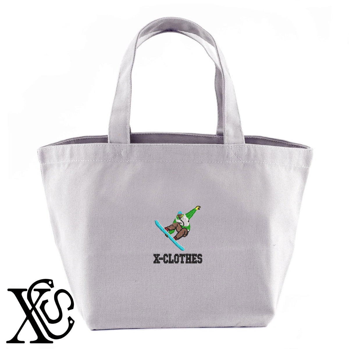 スノーボード2柄 刺繍 キャンバス生地 ランチ ミニ トートバッグ レディース メンズ【X-CLOTHES】オリジナル グッズ 刺繍 ワンポイント 雑貨【b Black Camel】【g Natural Gray】 【8競技音楽-その他競技】