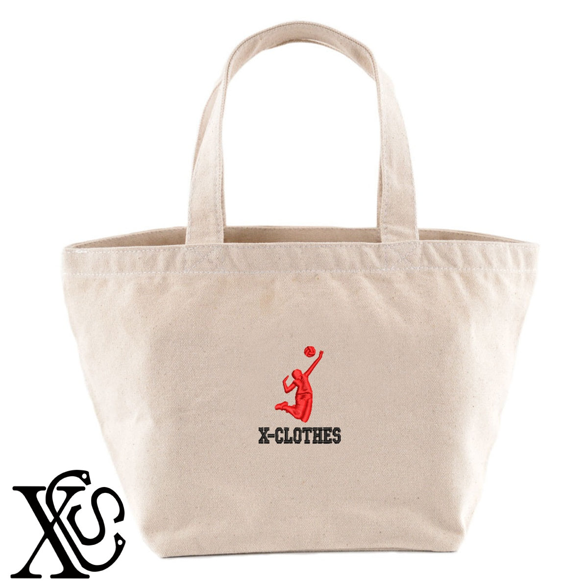 バレーボール4柄 刺繍 キャンバス生地 ランチ ミニ トートバッグ レディース メンズ【X-CLOTHES】オリジナル グッズ 刺繍 ワンポイント 雑貨【b Black Camel】【g Natural Gray】 【8競技音楽-バレーボール】