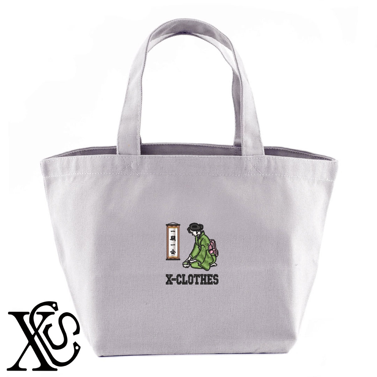 茶道4柄 刺繍 キャンバス生地 ランチ ミニ トートバッグ レディース メンズ【X-CLOTHES】オリジナル グッズ 刺繍 ワンポイント 雑貨【b Black Camel】【g Natural Gray】 【8競技音楽-伝統】