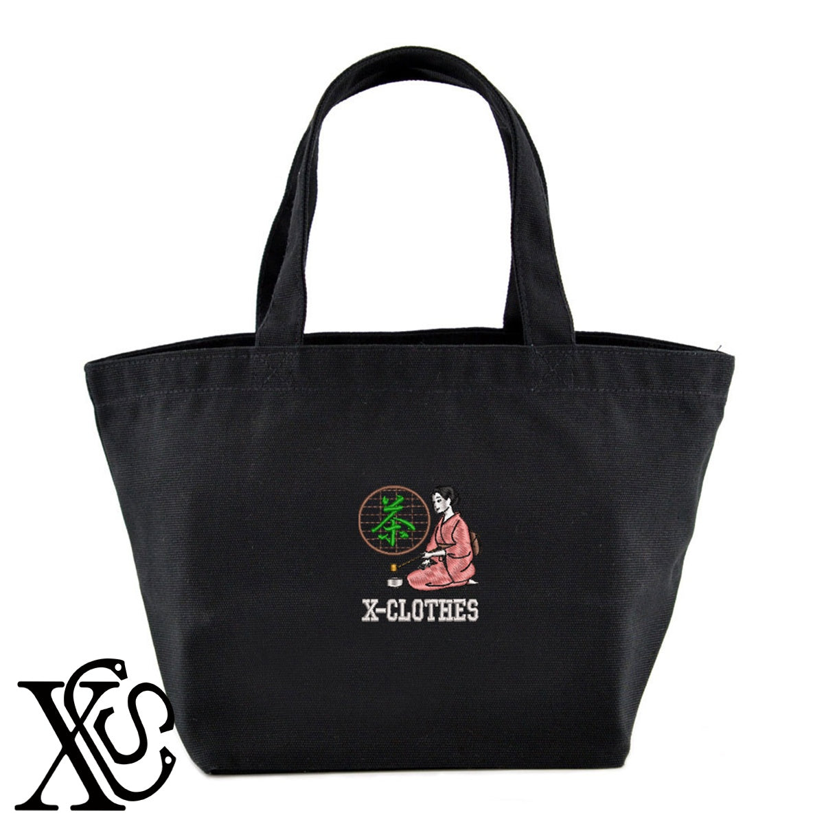茶道5柄 刺繍 キャンバス生地 ランチ ミニ トートバッグ レディース メンズ【X-CLOTHES】オリジナル グッズ 刺繍 ワンポイント 雑貨【b Black Camel】【g Natural Gray】 【8競技音楽-伝統】
