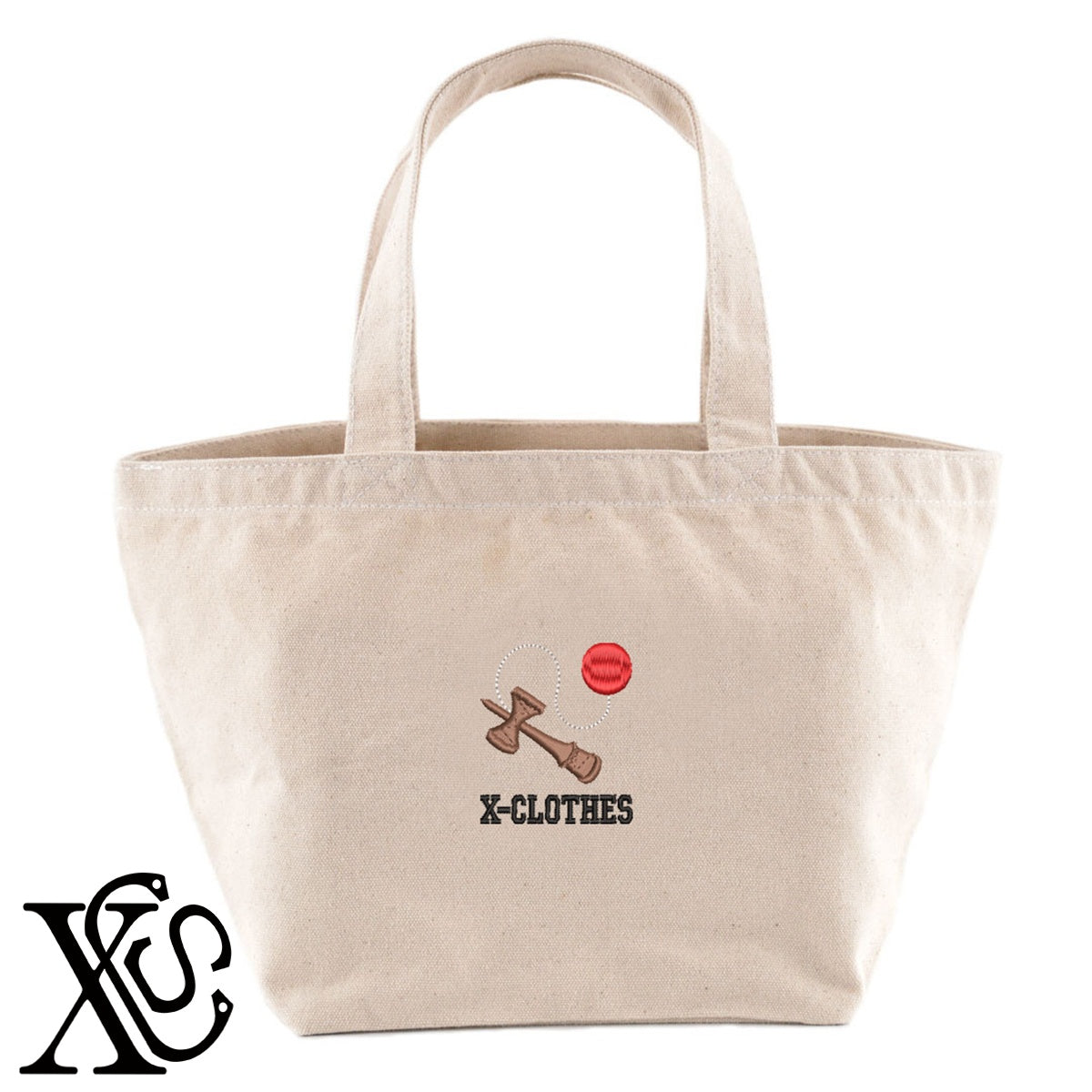 けん玉2柄 刺繍 キャンバス生地 ランチ ミニ トートバッグ レディース メンズ【X-CLOTHES】オリジナル グッズ 刺繍 ワンポイント 雑貨【b Black Camel】【g Natural Gray】 【8競技音楽-娯楽】