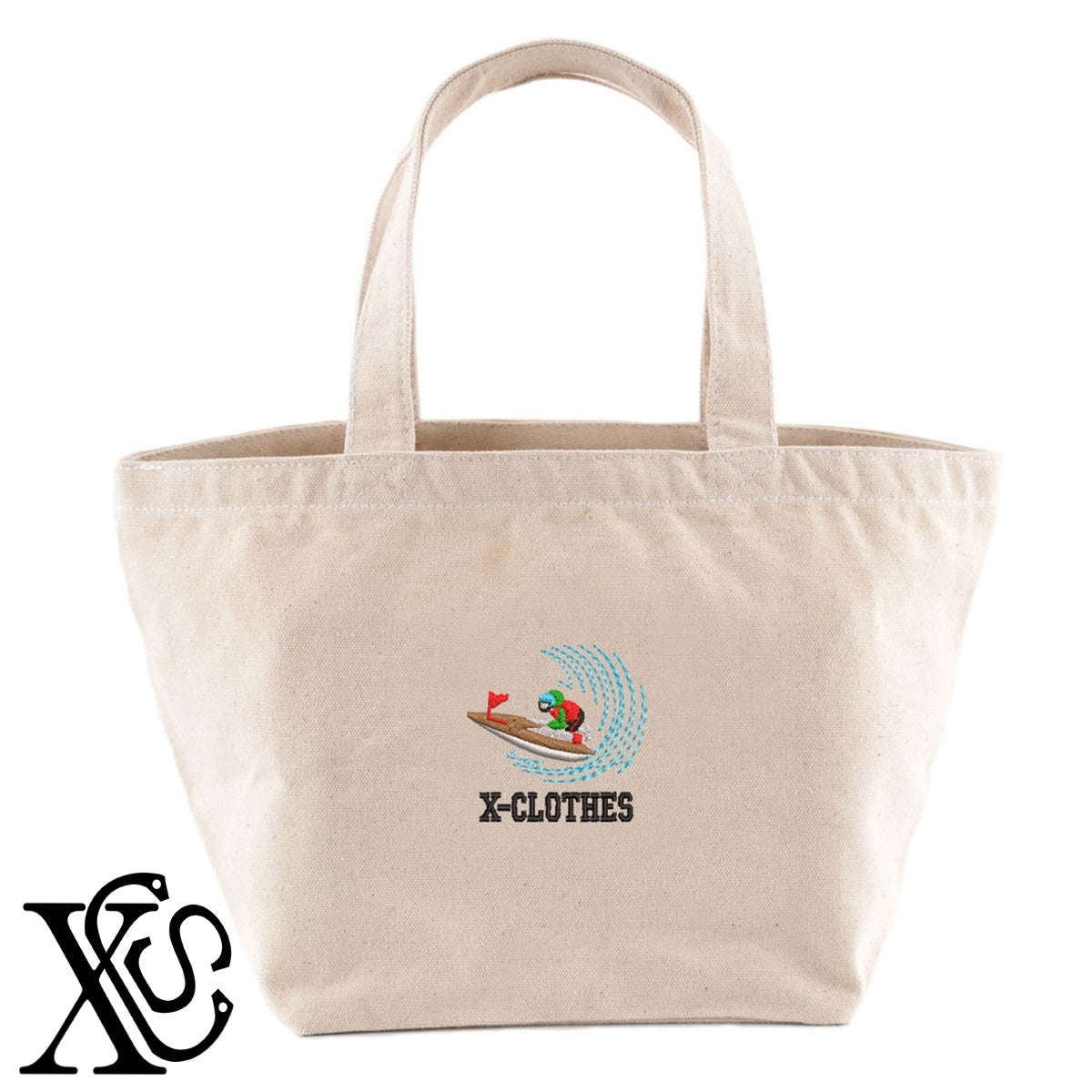 競艇2柄 刺繍 キャンバス生地 ランチ ミニ トートバッグ レディース メンズ【X-CLOTHES】オリジナル グッズ 刺繍 ワンポイント 雑貨【b Black Camel】【g Natural Gray】 【8競技音楽-娯楽】