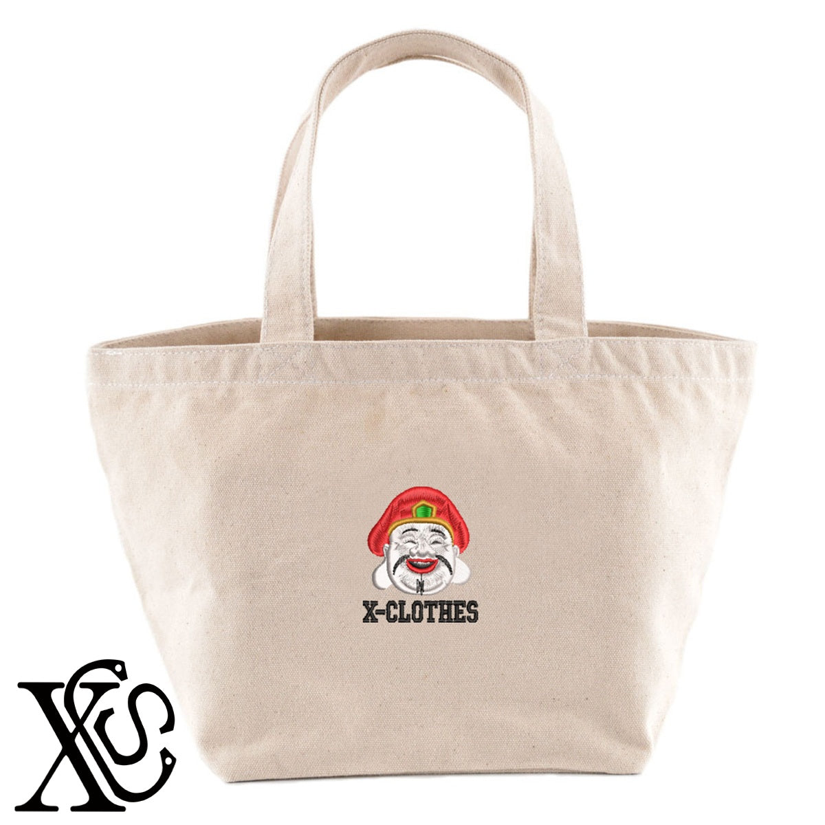 大黒天2柄 刺繍 キャンバス生地 ランチ ミニ トートバッグ レディース メンズ【X-CLOTHES】オリジナル グッズ 刺繍 ワンポイント 雑貨【b Black Camel】【g Natural Gray】 【9趣味料理-人物】