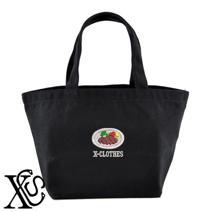 ステーキ2柄 刺繍 キャンバス生地 ランチ ミニ トートバッグ レディース メンズ【X-CLOTHES】オリジナル グッズ 刺繍 ワンポイント 雑貨【b Black Camel】【g Natural Gray】 【9趣味料理-料理】