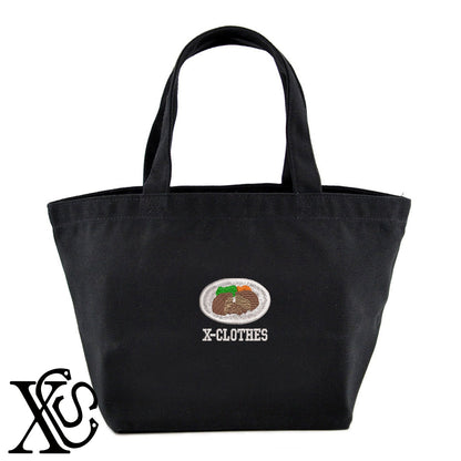 ハンバーグ2柄 刺繍 キャンバス生地 ランチ ミニ トートバッグ レディース メンズ【X-CLOTHES】オリジナル グッズ 刺繍 ワンポイント 雑貨【b Black Camel】【g Natural Gray】 【9趣味料理-料理】