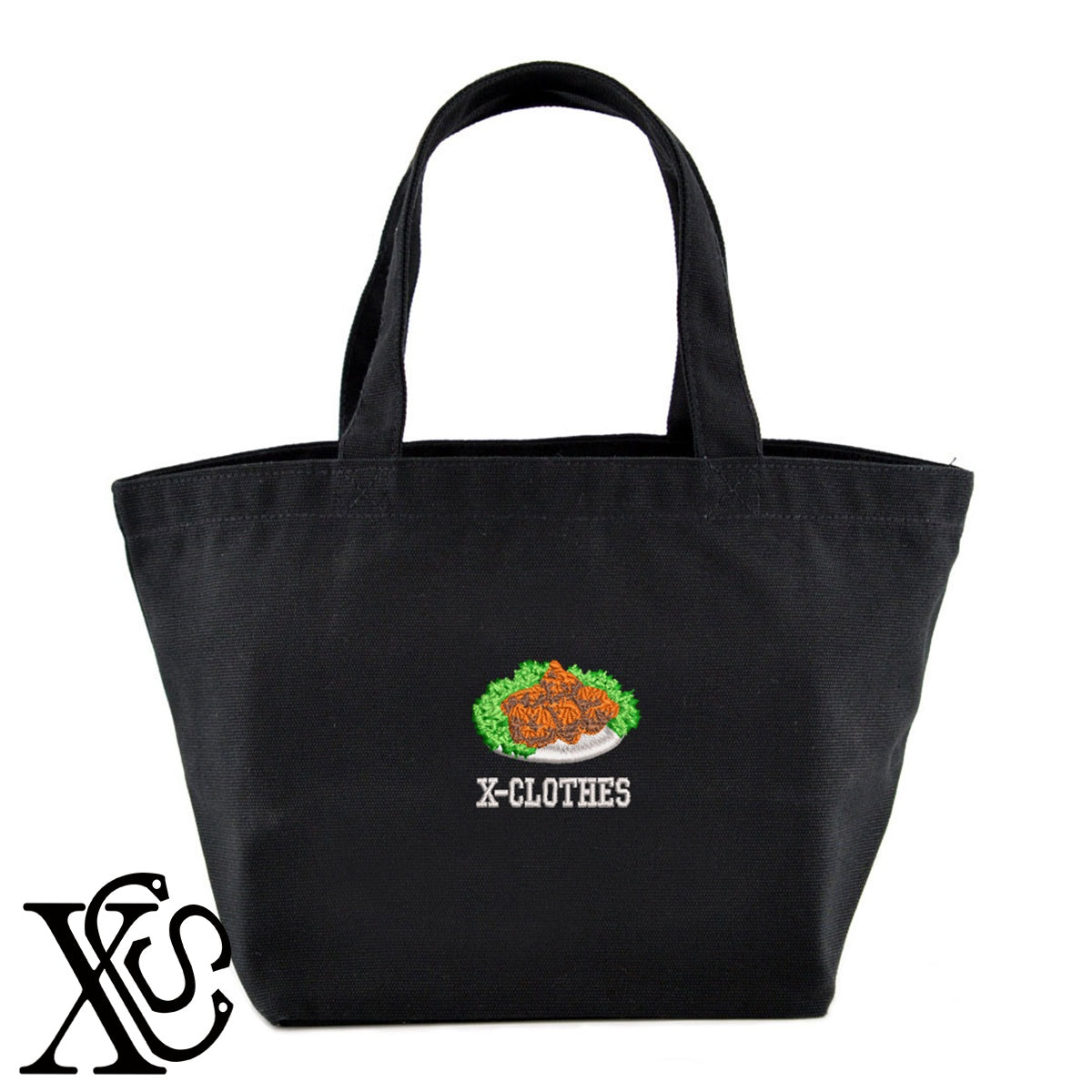 唐揚げ3柄 刺繍 キャンバス生地 ランチ ミニ トートバッグ レディース メンズ【X-CLOTHES】オリジナル グッズ 刺繍 ワンポイント 雑貨【b Black Camel】【g Natural Gray】 【9趣味料理-料理】