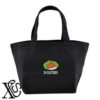 唐揚げ3柄 刺繍 キャンバス生地 ランチ ミニ トートバッグ レディース メンズ【X-CLOTHES】オリジナル グッズ 刺繍 ワンポイント 雑貨【b Black Camel】【g Natural Gray】 【9趣味料理-料理】