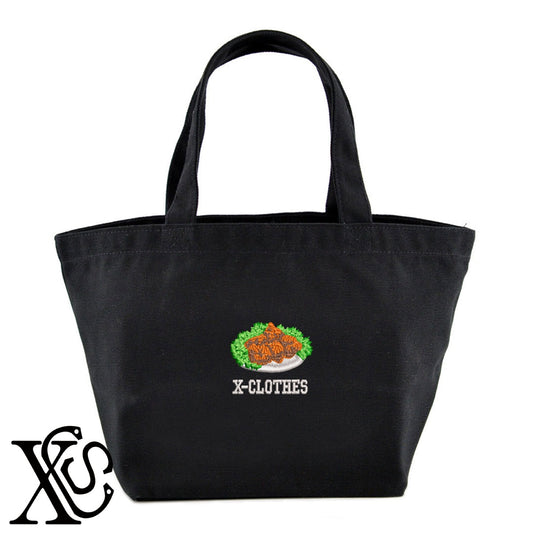 唐揚げ3柄 刺繍 キャンバス生地 ランチ ミニ トートバッグ レディース メンズ【X-CLOTHES】オリジナル グッズ 刺繍 ワンポイント 雑貨【b Black Camel】【g Natural Gray】 【9趣味料理-料理】