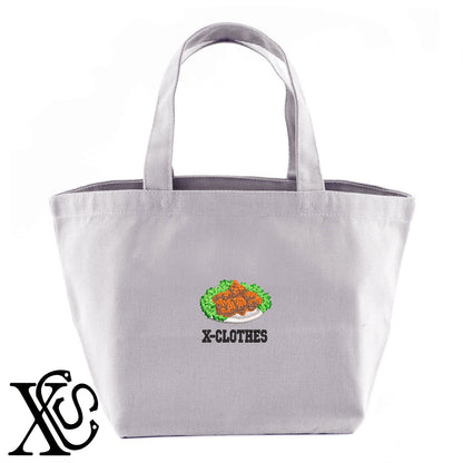 唐揚げ3柄 刺繍 キャンバス生地 ランチ ミニ トートバッグ レディース メンズ【X-CLOTHES】オリジナル グッズ 刺繍 ワンポイント 雑貨【b Black Camel】【g Natural Gray】 【9趣味料理-料理】
