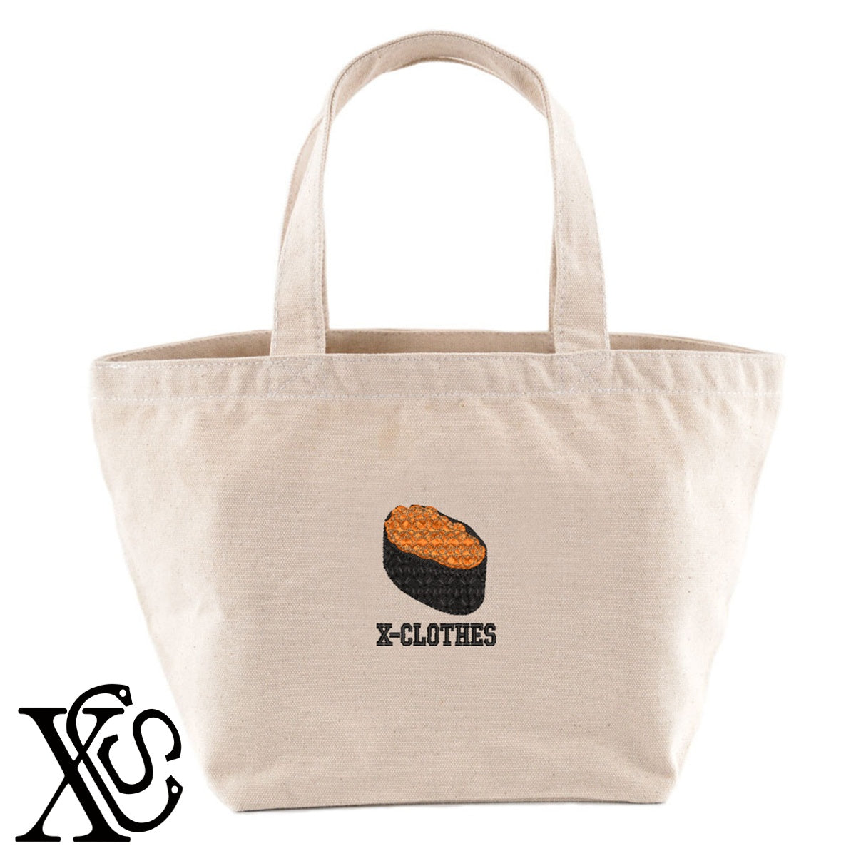 寿司いくら2柄 刺繍 キャンバス生地 ランチ ミニ トートバッグ レディース メンズ【X-CLOTHES】オリジナル グッズ 刺繍 ワンポイント 雑貨【b Black Camel】【g Natural Gray】 【9趣味料理-料理】